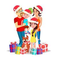 Weihnachtsfamilienporträtvektor. Eltern, Kinder. glücklich. Neujahrsgeschenke. traditionelle Veranstaltung. Plakat, Werbevorlage. isolierte karikaturillustration vektor