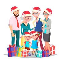 jul familj vektor. full familj. porträtt. vinter- högtider. i santa hattar. pappa, mor, ungar, farföräldrar. affisch, reklam mall. isolerat tecknad serie illustration vektor