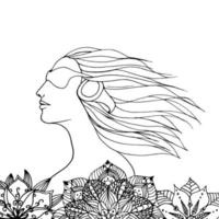 kvinnan lyssnar på musik i blommor. vektor