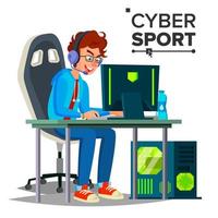 cyber sport spelare vektor. deltagare av cyber sport turnering. händelse. esport händelse affisch begrepp. isolerat platt tecknad serie karaktär illustration vektor