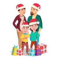 Weihnachtsfamilienporträtvektor. Vater, Mutter, Kinder. in Weihnachtsmützen. Winterferien. gut gelaunt. Gruß, Postkarte, farbenfrohes Design. isolierte karikaturillustration vektor