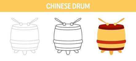 kinesisk trumma spårande och färg kalkylblad för barn vektor