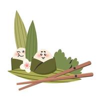 Cartoon süße Onigiri mit Essstäbchen in der Natur. asiatisches Essen. Reisbällchen als traditionelles japanisches Gericht. gekritzel gezeichnete vektorillustration für menü, poster, flyer, banner, kochkonzept vektor