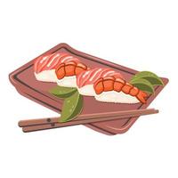 asiatisk traditionell mat närbild. japansk söt nigiri sashimi med fisk, räka, skaldjur. sushi på porslin tallrik med ätpinnar, löv. vektor platt illustration för meny, matlagning begrepp