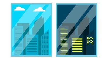 Tag, Nacht Fensteransicht Vektor. Szene. Wolkenkratzer, Himmel. Nachtbüro Lichter der Stadt. Fensterzeitansicht. morgens und nachmittags. isolierte Abbildung vektor