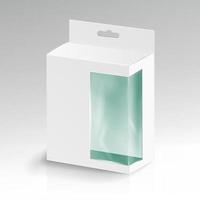 vit tom kartong rektangel vektor. vit paket låda med transparent plast fönster. produkt förpackning vektor