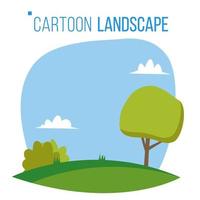 Cartoon-Landschaft-Hintergrund-Vektor. frühling, sommersaison wiesenlandschaft. Baum, grünes Feld, Wolken. flache illustration der karikatur vektor