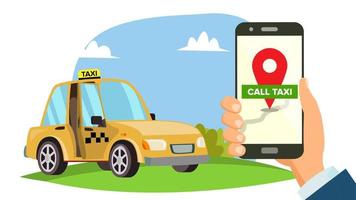 Taxi-App-Vektor bestellen. Hand hält Smartphone. Rufen Sie ein Taxi-Mobilkonzept an. Antrag auf Taxibestellung. flache Abbildung vektor