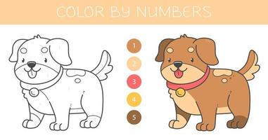 Malen nach Zahlen Malbuch für Kinder mit einem Hund. Malvorlage mit niedlichem Cartoon-Welpen mit einem Beispiel zum Ausmalen. Monochrom- und Farbversionen. Vektor-Illustration. vektor