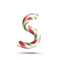 brev s vektor. 3d realistisk godis sockerrör alfabet symbol i jul färger. ny år brev texturerad med röd, vit. typografi mall. randig hantverk isolerat objekt. xmas konst illustration vektor