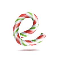 Buchstabe e-Vektor. 3D-realistisches Candy Cane-Alphabet-Symbol in Weihnachtsfarben. neujahrsbrief texturiert mit rot, weiß. Typografie-Vorlage. gestreiftes Handwerk isoliertes Objekt. Weihnachtskunstillustration vektor