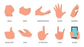 gester uppsättning vektor. händer i annorlunda känslor. olika ärm gester tecken. platt tecknad serie isolerat illustration vektor