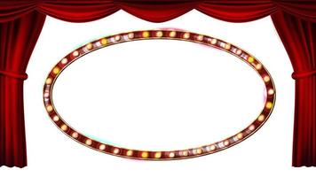 goldrahmen glühbirnen vektor. isoliert auf weißem Hintergrund. roter Theatervorhang. Seidentextil. leuchtendes Retro-Lichtbanner. realistische retro-illustration
