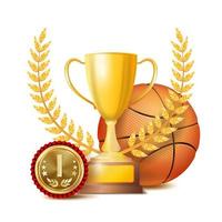 basketboll tilldela vektor. sport baner bakgrund. orange boll, guld vinnare trofén kopp, gyllene 1:a plats medalj. 3d realistisk isolerat illustration vektor