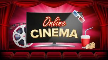 Online-Kino-Vektor. Banner mit Computermonitor. roter Vorhang. Theater, 3D-Brille, Filmstreifen-Kinematographie. Online-Filmbanner, Poster. Illustration
