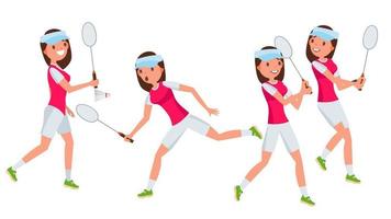Badminton-Spielerin-Vektor. in verschiedenen Posen spielen. Frau. athlet lokalisiert auf weißer zeichentrickfigurillustration vektor