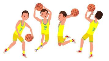 professioneller Basketballspieler-Vektor. gelbe Uniform. mit einem Ball spielen. gesunder Lebensstil. team action stickers.isolated auf weißer zeichentrickfigurillustration vektor