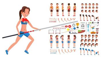 Leichtathletikspieler männlich, weiblicher Vektor. Set zur Erstellung von animierten Charakteren für Sportler. mann, frau in voller länge, front, seite, rückansicht, zubehör, posen, gesichtsgefühle, gesten. flache karikaturillustration vektor