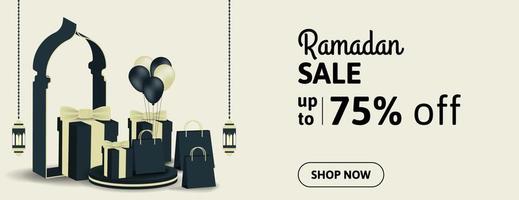 Ramadan Sale Banner Design mit Geschenkbox, Einkaufstasche, Podium und Laterne. Werbebanner für Unternehmen. vektor