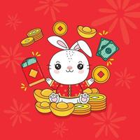 chinesisches neujahr 2023 jahr des kaninchens mit reichem goldgeld. vektor