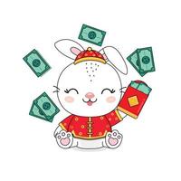 chinesisches neujahr 2023 jahr des kaninchens mit reichem goldgeld. vektor
