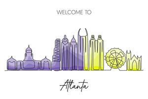 atlanta stad horisont ett kontinuerlig linje teckning. värld känd turism destination. enkel hand dragen stil design för resa och turism befordran kampanj vektor