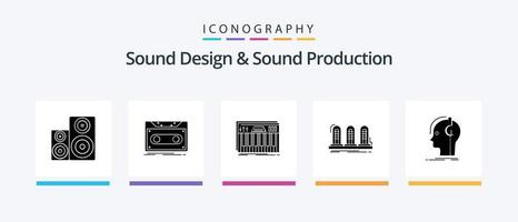 ljud design och ljud produktion glyf 5 ikon packa Inklusive lampa. förstärkare. tejp. ljud. nycklar. kreativ ikoner design vektor