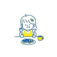 söt tecknad serie Lycklig liten flicka äter . vektor illustration isolerat på bakgrund.