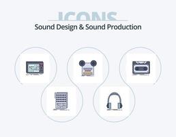 ljud design och ljud produktion linje fylld ikon packa 5 ikon design. slinga. audio. gränssnitt. studio. mixer vektor