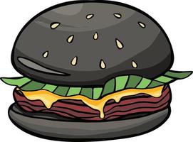 Hamburger mit frischen Tomaten, Salatblatt, gegrilltem Steak und Sesambrötchen. kalorienreiche mahlzeit in schwarzbrot isolierter karikaturwohnung vektor