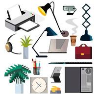 gesetzter vektor der büroausstattung. PC, Smartphone, Drucker. Symbole. geschäftlicher Arbeitsplatz. Schreibwaren. Bürosachen. isolierte flache illustration