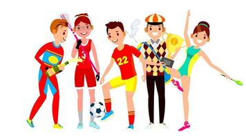 gesetzter Vektor des Athleten. Mann Frau. Lacrosse, Fußball, Golf, Gymnastik. Gruppe von Sportlern in Uniform, Kleidung. Sportlercharakter in der Spielaktion. flache karikaturillustration