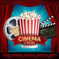 Online-Kino-Banner-Vektor. realistisch. Thema Filmindustrie. Schachtel Popcorn, Elemente des Kinos. Theatervorhang. Illustration