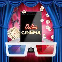 Online-Kino-Banner-Vektor. realistisches Smartphone. vorlage für plakat, werbematerial. blauer Vorhang. Theater. Hintergrund des Online-Kinos. luxus-banner-illustration. vektor