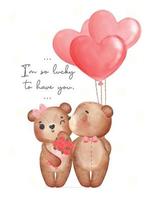 süßes paar braune teddybären, junge küsst mädchen, glücklicher valentinstag, entzückende cartoon aquarell handgezeichnete vektorillustation vektor