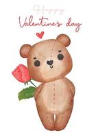 süßer glücklicher valentine brauner teddybär verbirgt eine rosenblume, entzückende cartoon aquarell handgezeichnete vektorillustration vektor
