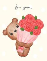 süßer valentinstag brauner teddybär umarmung blumenstrauß aus rosen, entzückende cartoon aquarell handgezeichnete vektorillustration vektor