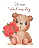 süße glückliche valentine braune teddybär puppe umarmung blumenstrauß aus rosen, entzückende cartoon aquarell handgezeichnete vektorillustration vektor