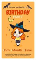 alles gute zum geburtstag vertikale einladungskarte im halloween-stil mit cartoon kawaii anime girl. vektorillustration zum feiern des datums der geburt. Web- oder Printdesign. vektor