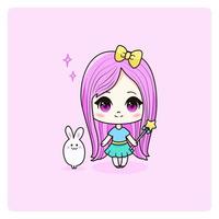 söt och söt flicka med kanin och rosett. lyckligt manga chibi vektor illustration. Allt objekt är isolerat.