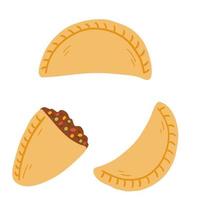 empanadas im flachen karikaturstil. handgezeichnete vektorillustration traditioneller lateinamerikanischer speisen, volksküche vektor