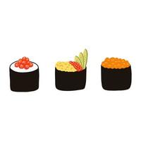 Gunkan-Sushi-Set mit rotem Kaviar im flachen Cartoon-Stil. handgezeichnete japanische traditionelle küche. vektor