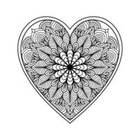 Herz-Mandala-Malseite für Erwachsene, Herz mit floraler Mandala-Musterkunst, herzförmiges Mandala-Blumenmuster zum Ausmalen, handgezeichnetes Herz-Blumen-Mandala-Gekritzel für Malbuch vektor