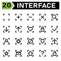 Das Schnittstellensymbol umfasst leer, quadratisch, Schnittstelle, Plus, Hinzufügen, Neu, Öffnen, Minus, Löschen, Entfernen, Kreuz, Schließen, Suchen, Suchen, Finden, Zoomen, Vergrößern, Herunterladen, Pfeil, Abwärts, Hochladen, Aufwärts, Herd, Like vektor