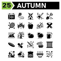 Herbst-Icon-Set gehören Kalender Herbst Herbst Ereignis Datum Windmühle Gebäude Hauswirtschaft Besen Schaufel Spaten Kiefer Natur Kegel Korn Weizen Jahreszeit Apfel Obst Gabel Garten Herbst Schal Thanksgiving Huhn vektor