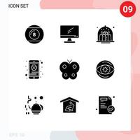 Gruppe von 9 soliden Glyphen Zeichen und Symbolen für Telefon, Handy, Imac, Lebensmittel, Kuchen, editierbare Vektordesign-Elemente vektor