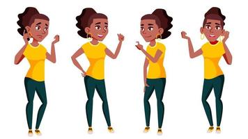 tonåring flicka poser uppsättning vektor. svart. afro amerikansk. roligt, glad. för webb, affisch, häfte design. isolerat tecknad serie illustration vektor