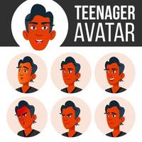 Teenager-Jungen-Avatar-Set-Vektor. Emotionen begegnen. flach, porträt. indisch, hindu. asiatisch. Jugend, Kaukasier. Cartoon-Kopf-Illustration vektor