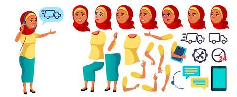 arabischer, muslimischer jugendlich Mädchenvektor. Animationserstellungsset. Gesicht Emotionen, Gesten. Online-Helfer, Berater. beiläufig. animiert. für Präsentation, Druck, Einladungsdesign. isolierte karikaturillustration vektor