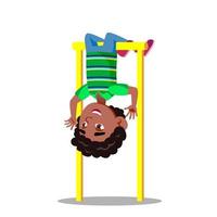 sportig liten pojke hängande på horisontell bar upside ner vektor platt tecknad serie illustration